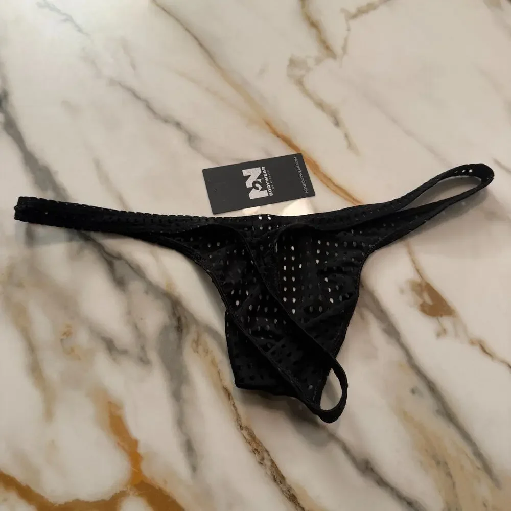 NEW N2N Bodywear Mens Raider Micro Mesh See Thru Thong Color Black Size Large